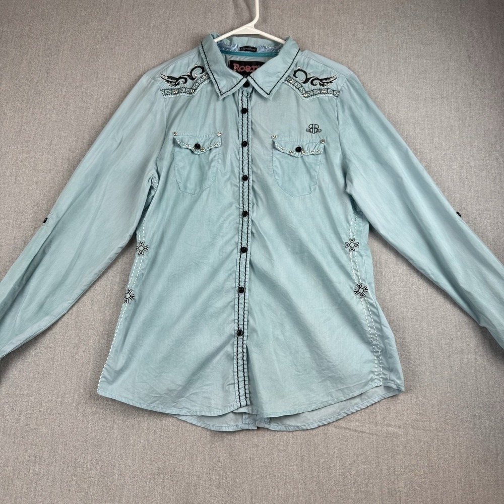 Roar Shirt Womens XL Long Sleeve Button Front Outdoors Blue Casual